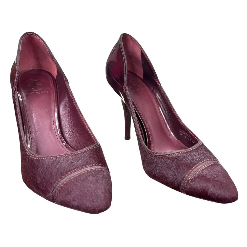 Tory Burch Women’s Bernice Oxblood Calf Hair Heels Size US 7